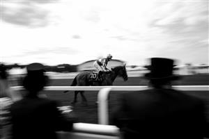 ASCOT, ENGLAND - JUNE 15: (EDITORS NOTE: This image has been converted to black and white.) Racegoers watch a race from inside the Royal Enclosure during Royal Ascot 2022 at Ascot Racecourse on June 15, 2022 in Ascot, England. (Photo by John Phillips/Getty Images for Ascot Racecourse)