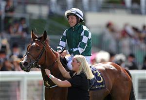 ASCOT, ENGLAND - JUNE 16: Shane Foley on board Magical Lagoon celebrates winning The Ribblesdale Stakes during day three of Royal Ascot 2022 at Ascot Racecourse on June 16, 2022 in Ascot, England. (Photo by Alex Livesey/Getty Images)