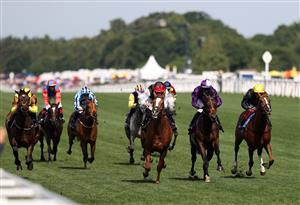 ASCOT, ENGLAND - JUNE 16: Kyprios (Black + red cap) ridden by Ryan Moore wins the Gold Cup from Mojo Star (purple) ridden by Rossa Ryan and Stradivarius (black) ridden by Frankie Dettori during Day Three of Royal Ascot 2022 at Ascot Racecourse on June 16, 2022 in Ascot, England. (Photo by Ryan Pierse/Getty Images)
