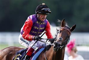 ASCOT, ENGLAND - JUNE 16: Frankie Dettori onboard Reach For The Moon reacts after the Hampton Court Stakes during Day Three of Royal Ascot 2022 at Ascot Racecourse on June 16, 2022 in Ascot, England. (Photo by Ryan Pierse/Getty Images)