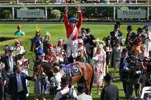 ASCOT, ENGLAND - JUNE 17: Frankie Dettori celebrates by jumping off Inspiral after winning The Coronation Stakes on day four of Royal Ascot 2022 at Ascot Racecourse on June 17, 2022 in Ascot, England. (Photo by Alex Livesey/Getty Images)