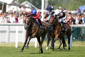 ASCOT, ENGLAND - JUNE 17: Frankie Dettori riding Inspiral (red) win The Coronation Stakes during Royal Ascot 2022 at Ascot Racecourse on June 17, 2022 in Ascot, England. (Photo by Alan Crowhurst/Getty Images)