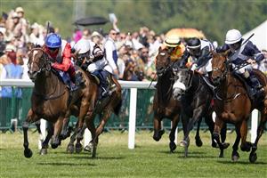 ASCOT, ENGLAND - JUNE 17: Frankie Dettori riding Inspiral (red) win The Coronation Stakes during Royal Ascot 2022 at Ascot Racecourse on June 17, 2022 in Ascot, England. (Photo by Alan Crowhurst/Getty Images)