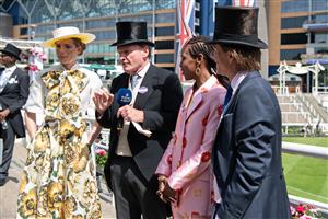 ASCOT, ENGLAND - JUNE 17: Rosie Tapner, Rupert Bell, Susan Bender Whitfield and Scott Wimsett speak during Royal Ascot 2022 at Ascot Racecourse on June 17, 2022 in Ascot, England. (Photo by Kirstin Sinclair/Getty Images for Royal Ascot)