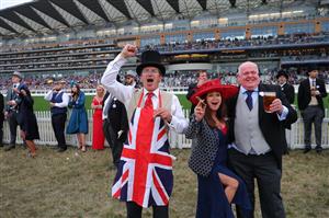 ASCOT, ENGLAND - JUNE 18: Racegoers celebrate during The Golden Gates Stakes on day five of Royal Ascot 2022 at Ascot Racecourse on June 18, 2022 in Ascot, England. (Photo by Alex Livesey/Getty Images)