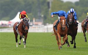 ASCOT, ENGLAND - JUNE 18: Grenadier Guards ridden by Cristian Demuro in action during The Platinum Jubilee Stakes on day five of Royal Ascot 2022 at Ascot Racecourse on June 18, 2022 in Ascot, England. (Photo by Alex Livesey/Getty Images)