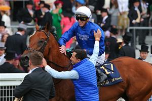 ASCOT, ENGLAND - JUNE 18: James Doyle on board Naval Crown celebrates winning The Platinum Jubilee Stakes on day five of Royal Ascot 2022 at Ascot Racecourse on June 18, 2022 in Ascot, England. (Photo by Alex Livesey/Getty Images)