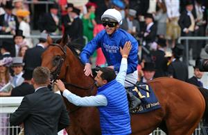 ASCOT, ENGLAND - JUNE 18: James Doyle on board Naval Crown celebrates winning The Platinum Jubilee Stakes on day five of Royal Ascot 2022 at Ascot Racecourse on June 18, 2022 in Ascot, England. (Photo by Alex Livesey/Getty Images)
