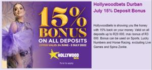Hollywoodbets Durban July 15 percent deposit bonus