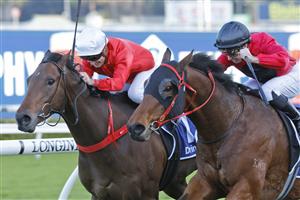 SYDNEY, AUSTRALIA - JULY 09: Glyn Schofield on Taksu (R), wins race 8 the Furphy Winter Stakes during Sydney Racing at Royal Randwick Racecourse on July 09, 2022 in Sydney, Australia. (Photo by Mark Evans/Getty Images)