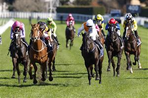 SYDNEY, AUSTRALIA - JULY 09: Winona Costin on Monfelicity (white cap) wins race 5 the Midway Handicap during Sydney Racing at Royal Randwick Racecourse on July 09, 2022 in Sydney, Australia. (Photo by Mark Evans/Getty Images)