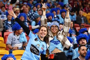 BRISBANE, AUSTRALIA - JULY 13: Blues fans show their support before game three of the State of Origin Series between the Queensland Maroons and the New South Wales Blues at Suncorp Stadium on July 13, 2022, in Brisbane, Australia. (Photo by Chris Hyde/Getty Images)