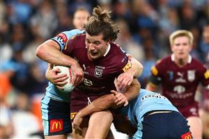 BRISBANE, AUSTRALIA - JULY 13: Patrick Carrigan of the Maroons runs the ball during game three of the State of Origin Series between the Queensland Maroons and the New South Wales Blues at Suncorp Stadium on July 13, 2022, in Brisbane, Australia. (Photo by Chris Hyde/Getty Images)