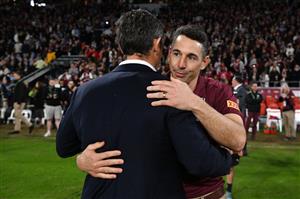 BRISBANE, AUSTRALIA - JULY 13: Billy Slater head coach of the Maroons and Brad Fittler head coach of the Blues embrace during game three of the State of Origin Series between the Queensland Maroons and the New South Wales Blues at Suncorp Stadium on July 13, 2022 in Brisbane, Australia. (Photo by Bradley Kanaris/Getty Images)