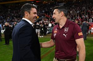BRISBANE, AUSTRALIA - JULY 13: Billy Slater head coach of the Maroons and Brad Fittler head coach of the Blues shake hands during game three of the State of Origin Series between the Queensland Maroons and the New South Wales Blues at Suncorp Stadium on July 13, 2022 in Brisbane, Australia. (Photo by Bradley Kanaris/Getty Images)