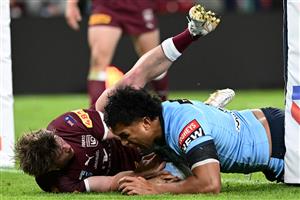 BRISBANE, AUSTRALIA - JULY 13: Jacob Saifiti of the Blues celebrates scoring a try during game three of the State of Origin Series between the Queensland Maroons and the New South Wales Blues at Suncorp Stadium on July 13, 2022 in Brisbane, Australia. (Photo by Bradley Kanaris/Getty Images)