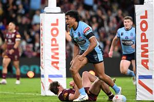 BRISBANE, AUSTRALIA - JULY 13: Jacob Saifiti of the Blues celebrates scoring a try during game three of the State of Origin Series between the Queensland Maroons and the New South Wales Blues at Suncorp Stadium on July 13, 2022 in Brisbane, Australia. (Photo by Bradley Kanaris/Getty Images)