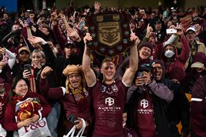 BRISBANE, AUSTRALIA - JULY 13: Daly Cherry-Evans of the Maroons celebrates victory with the crowd after winning game three of the State of Origin Series between the Queensland Maroons and the New South Wales Blues at Suncorp Stadium on July 13, 2022 in Brisbane, Australia. (Photo by Bradley Kanaris/Getty Images)