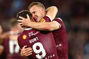 BRISBANE, AUSTRALIA - JULY 13: Daly Cherry-Evans of the Maroons celebrates with Ben Hunt of the Maroons after winning game three of the State of Origin Series between the Queensland Maroons and the New South Wales Blues at Suncorp Stadium on July 13, 2022, in Brisbane, Australia. (Photo by Chris Hyde/Getty Images)