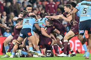 BRISBANE, AUSTRALIA - JULY 13: Matt Burton of the Blues and Dane Gagai of the Maroons scuffle during game three of the State of Origin Series between the Queensland Maroons and the New South Wales Blues at Suncorp Stadium on July 13, 2022 in Brisbane, Australia. (Photo by Bradley Kanaris/Getty Images)