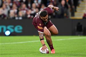 BRISBANE, AUSTRALIA - JULY 13: Josh Papali’i of the Maroons scores a try which was disallowed by the video referee during game three of the State of Origin Series between the Queensland Maroons and the New South Wales Blues at Suncorp Stadium on July 13, 2022 in Brisbane, Australia. (Photo by Bradley Kanaris/Getty Images)