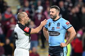 BRISBANE, AUSTRALIA - JULY 13: James Tedesco of the Blues speaks to referee Ashley Klein during game three of the State of Origin Series between the Queensland Maroons and the New South Wales Blues at Suncorp Stadium on July 13, 2022 in Brisbane, Australia. (Photo by Bradley Kanaris/Getty Images)