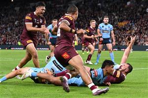 BRISBANE, AUSTRALIA - JULY 13: Kurt Capewell of the Maroons celebrates scoring a try during game three of the State of Origin Series between the Queensland Maroons and the New South Wales Blues at Suncorp Stadium on July 13, 2022 in Brisbane, Australia. (Photo by Bradley Kanaris/Getty Images)