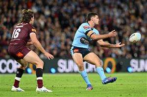 BRISBANE, AUSTRALIA - JULY 13: Nathan Cleary of the Blues passes during game three of the State of Origin Series between the Queensland Maroons and the New South Wales Blues at Suncorp Stadium on July 13, 2022 in Brisbane, Australia. (Photo by Bradley Kanaris/Getty Images)