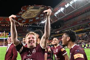 BRISBANE, AUSTRALIA - JULY 13: Tom Dearden of the Maroons celebrates victory during game three of the State of Origin Series between the Queensland Maroons and the New South Wales Blues at Suncorp Stadium on July 13, 2022 in Brisbane, Australia. (Photo by Bradley Kanaris/Getty Images)