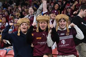 BRISBANE, AUSTRALIA - JULY 13: Maroons fans show their support prior to game three of the State of Origin Series between the Queensland Maroons and the New South Wales Blues at Suncorp Stadium on July 13, 2022 in Brisbane, Australia. (Photo by Bradley Kanaris/Getty Images)