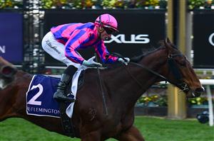 MELBOURNE, AUSTRALIA - JULY 16: Daniel Stackhouse riding Nicolini Vito winning Race 9, the L.v Lachal Handicap, during Melbourne Racing at Flemington Racecourse on July 16, 2022 in Melbourne, Australia. (Photo by Vince Caligiuri/Getty Images)