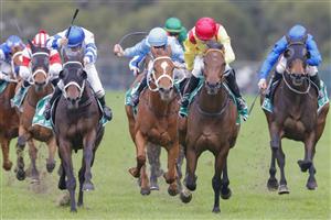 SYDNEY, AUSTRALIA - JULY 16: Jason Collett (red cap) on Caesars Palace wins race 8 the Tab Handicap during Sydney Racing at Rosehill Gardens on July 16, 2022 in Sydney, Australia. (Photo by Jenny Evans/Getty Images)