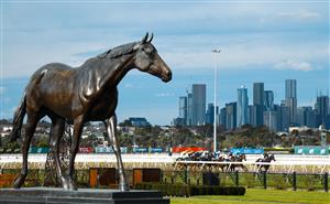 MELBOURNE, AUSTRALIA - JULY 16: The Makybe Diva statue is seen as Craig Williams riding Horrifying races to win Race 4, the Flemington Cup 1849, during Melbourne Racing at Flemington Racecourse on July 16, 2022 in Melbourne, Australia. (Photo by Vince Caligiuri/Getty Images)