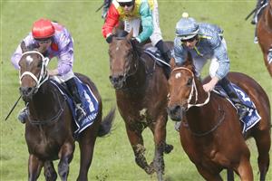 SYDNEY, AUSTRALIA - JULY 16: Hugh Bowman (R) on Alberich wins race 1 the Furphy Handicap during Sydney Racing at Rosehill Gardens on July 16, 2022 in Sydney, Australia. (Photo by Jenny Evans/Getty Images)