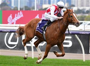 MELBOURNE, AUSTRALIA - JULY 16: Matthew Cartwright riding Giga Kick winning Race 1, the Trevor Clarke Handicap, during Melbourne Racing at Flemington Racecourse on July 16, 2022 in Melbourne, Australia. (Photo by Vince Caligiuri/Getty Images)