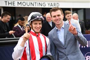 MELBOURNE, AUSTRALIA - JULY 16: Matthew Cartwright poses with trainer Clayton Douglas after riding Giga Kick to win Race 1, the Trevor Clarke Handicap, during Melbourne Racing at Flemington Racecourse on July 16, 2022 in Melbourne, Australia. (Photo by Vince Caligiuri/Getty Images)