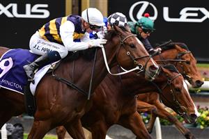 MELBOURNE, AUSTRALIA - JULY 16: Jamie Kah riding Hezashocka defeats Matthew Cartwright riding Mankayan i Race 7, the Vrc Members Handicap, during Melbourne Racing at Flemington Racecourse on July 16, 2022 in Melbourne, Australia. (Photo by Vince Caligiuri/Getty Images)