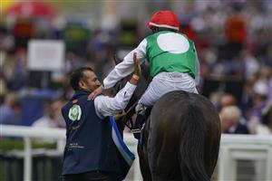 ASCOT, ENGLAND - JULY 23: PJ McDonald celebrates as he rides Pyledriver to win The King George VI And Queen Elizabeth Qipco Stakes at Ascot Racecourse on July 23, 2022 in Ascot, England. (Photo by Alan Crowhurst/Getty Images)