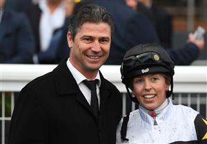 MELBOURNE, AUSTRALIA - JULY 23: Tatum Bull poses with trainer Brent Stanley after riding Here To Shock winning Race 9, the Catanachs Jewellers Handicap during Melbourne Racing at Caulfield Racecourse on July 23, 2022 in Melbourne, Australia. (Photo by Vince Caligiuri/Getty Images)