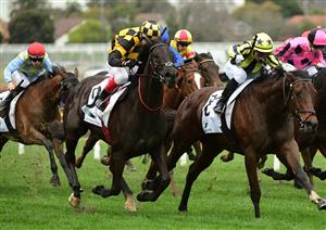 MELBOURNE, AUSTRALIA - JULY 23: Craig Williams riding Passione (L) winnning Race 3, the Royal Meeting Is All Class, during Melbourne Racing at Caulfield Racecourse on July 23, 2022 in Melbourne, Australia. (Photo by Vince Caligiuri/Getty Images)