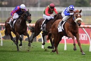 MELBOURNE, AUSTRALIA - JULY 23: Jamie Kah riding Boogie Dancer winning Race 2, the Lamaros Hotel Vobis Gold Ingot, during Melbourne Racing at Caulfield Racecourse on July 23, 2022 in Melbourne, Australia. (Photo by Vince Caligiuri/Getty Images)