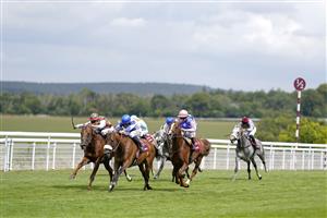 CHICHESTER, ENGLAND - JULY 27: Jim Crowley riding Lady Princess (blue/white) win The Qatar International Stakes during day two of the Qatar Goodwood Festival at Goodwood Racecourse on July 27, 2022 in Chichester, England. (Photo by Alan Crowhurst/Getty Images)
