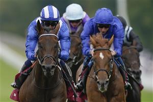 CHICHESTER, ENGLAND - JULY 27: Jim Crowley riding Baaeed (blue/white) win The Qatar Sussex Stakes during day two of the Qatar Goodwood Festival at Goodwood Racecourse on July 27, 2022 in Chichester, England. (Photo by Alan Crowhurst/Getty Images)