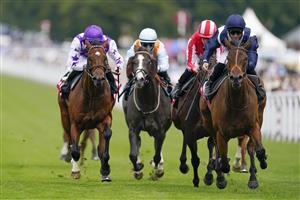 CHICHESTER, ENGLAND - JULY 27: Pat Dobbs riding Trillium (R) win The Markel Molecomb Stakes during day two of the Qatar Goodwood Festival at Goodwood Racecourse on July 27, 2022 in Chichester, England. (Photo by Alan Crowhurst/Getty Images)