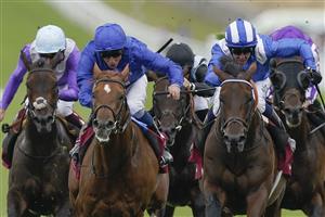 CHICHESTER, ENGLAND - JULY 27: Jim Crowley riding Baaeed (blue/white) win The Qatar Sussex Stakes during day two of the Qatar Goodwood Festival at Goodwood Racecourse on July 27, 2022 in Chichester, England. (Photo by Alan Crowhurst/Getty Images)