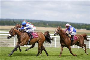CHICHESTER, ENGLAND - JULY 27: Jim Crowley riding Lady Princess (blue/white) win The Qatar International Stakes during day two of the Qatar Goodwood Festival at Goodwood Racecourse on July 27, 2022 in Chichester, England. (Photo by Alan Crowhurst/Getty Images)
