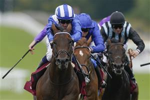 CHICHESTER, ENGLAND - JULY 27: Jim Crowley riding Baaeed (blue/white) win The Qatar Sussex Stakes during day two of the Qatar Goodwood Festival at Goodwood Racecourse on July 27, 2022 in Chichester, England. (Photo by Alan Crowhurst/Getty Images)
