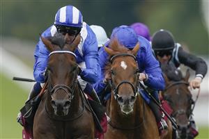 CHICHESTER, ENGLAND - JULY 27: Jim Crowley riding Baaeed (blue/white) win The Qatar Sussex Stakes during day two of the Qatar Goodwood Festival at Goodwood Racecourse on July 27, 2022 in Chichester, England. (Photo by Alan Crowhurst/Getty Images)