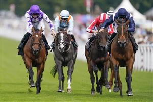 CHICHESTER, ENGLAND - JULY 27: Pat Dobbs riding Trillium (R) win The Markel Molecomb Stakes during day two of the Qatar Goodwood Festival at Goodwood Racecourse on July 27, 2022 in Chichester, England. (Photo by Alan Crowhurst/Getty Images)