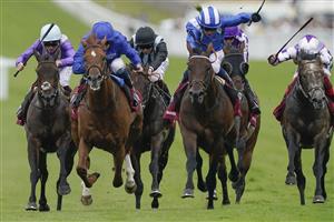 CHICHESTER, ENGLAND - JULY 27: Jim Crowley riding Baaeed (blue/white) win The Qatar Sussex Stakes during day two of the Qatar Goodwood Festival at Goodwood Racecourse on July 27, 2022 in Chichester, England. (Photo by Alan Crowhurst/Getty Images)